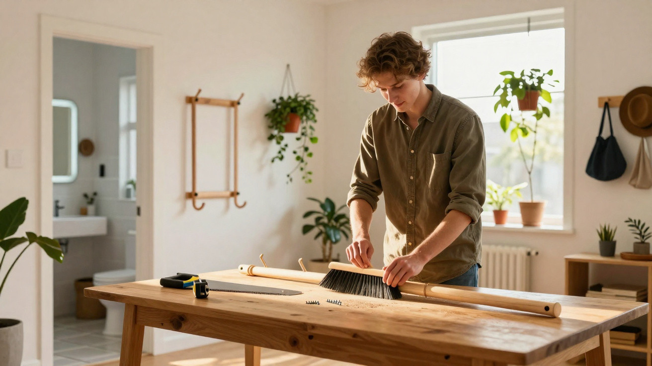 Young man assembling wooden furniture and cleaning with a brush in a bright room with plants.