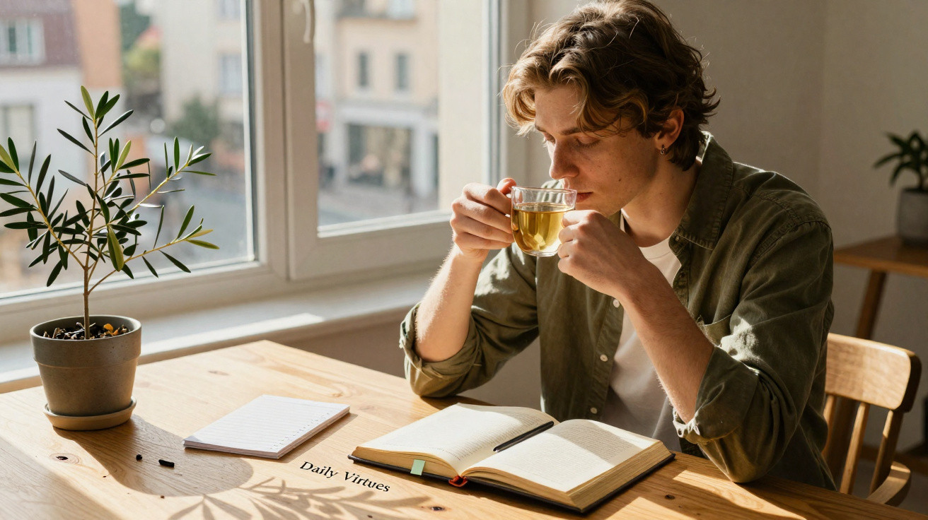 Young man sitting by window drinking tea and reading a book on daily virtues at a wooden table.