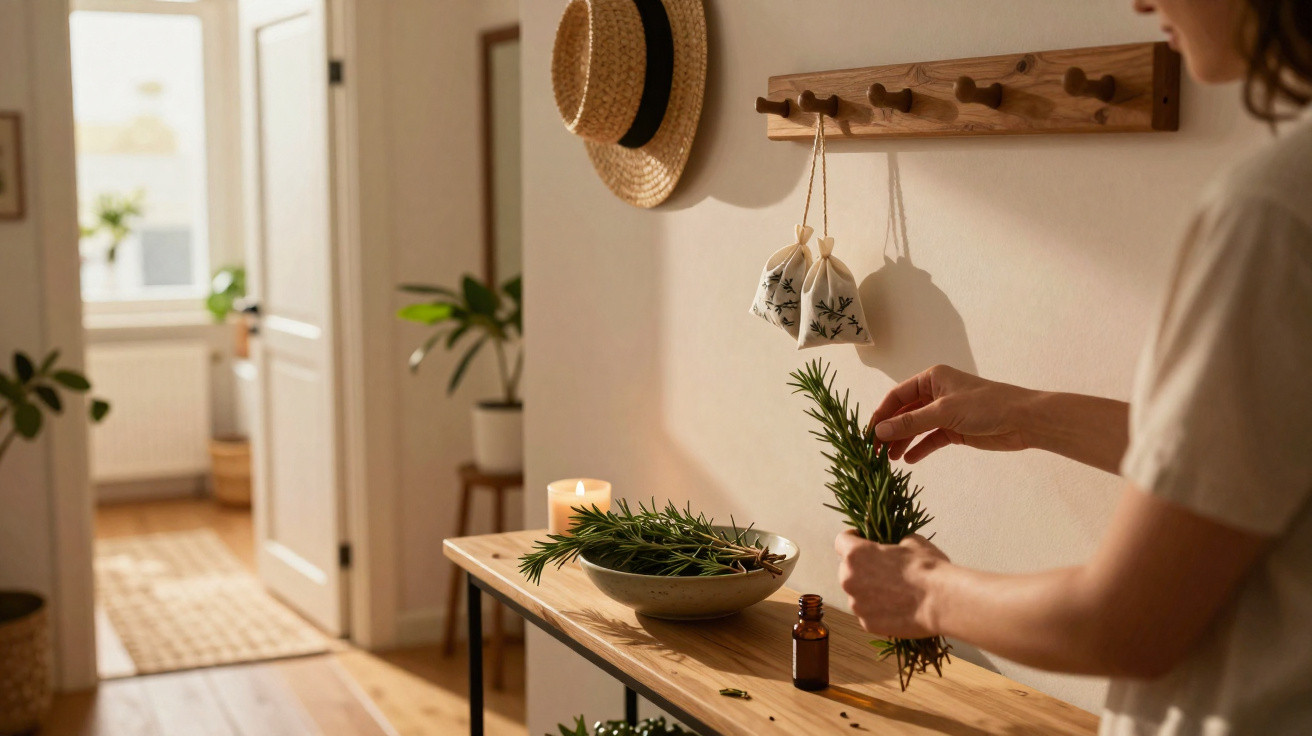 Person holding rosemary sprigs by a wooden table with a candle and hanging sachets in a cozy room