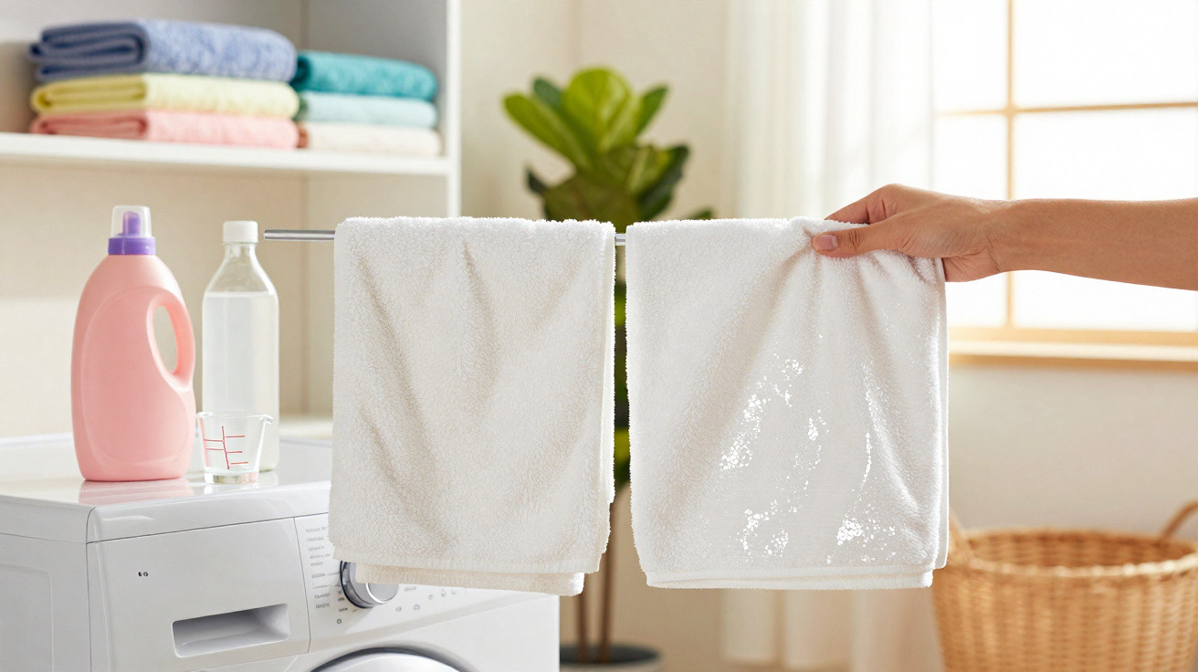 Hand holding a wet white towel next to a dry white towel hanging on a metal rack over a washing machine.