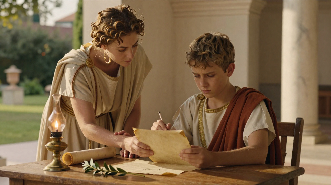 Two young people in ancient Roman attire at a wooden table with scrolls and writing paper outdoors.