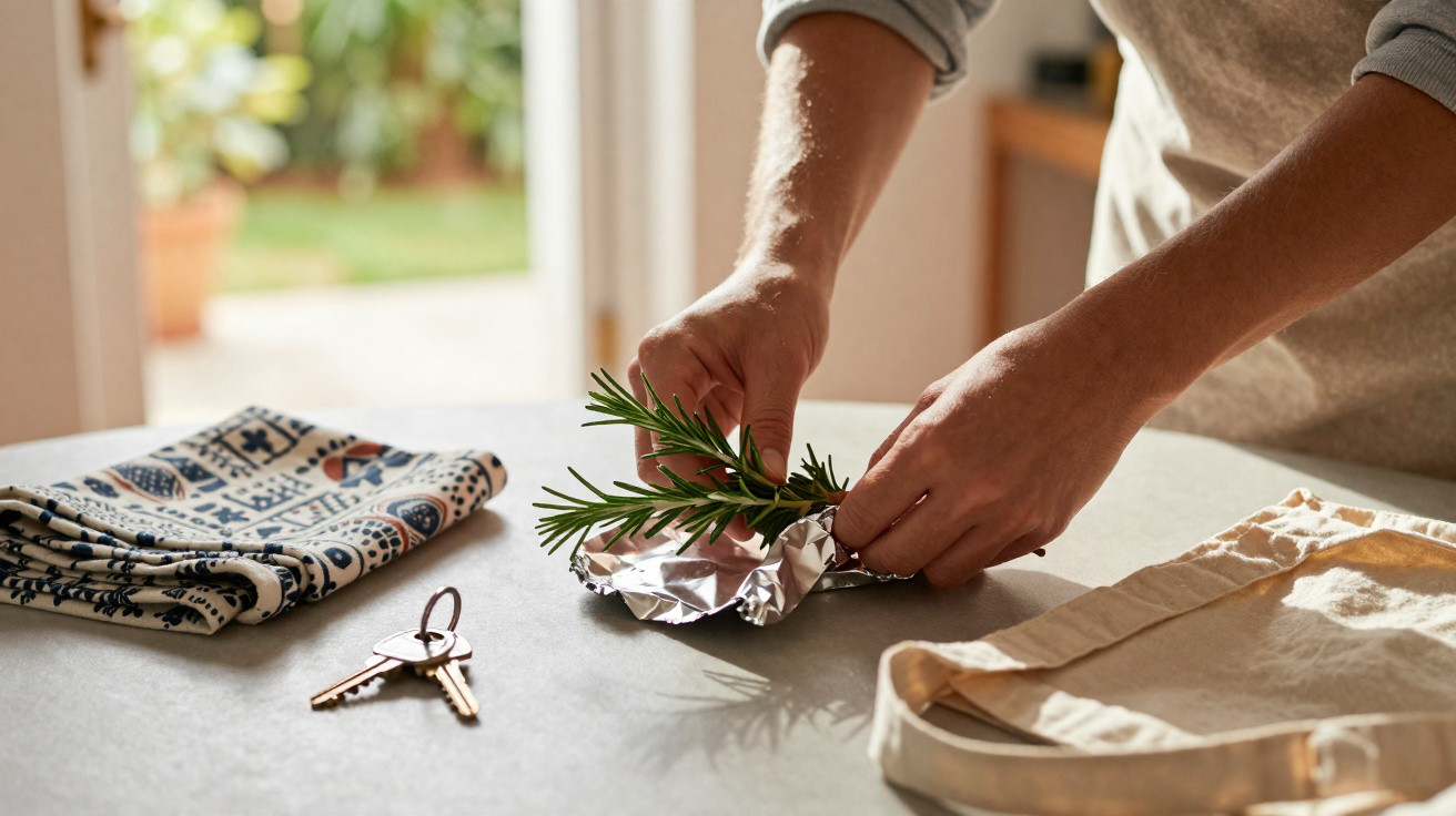 Hands wrapping fresh rosemary sprigs in aluminium foil on a kitchen countertop with keys and cloth bags nearby.