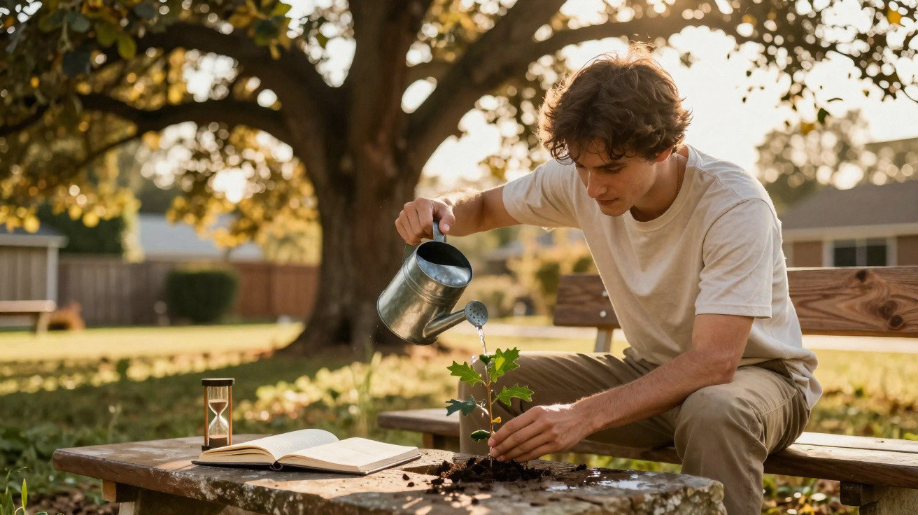 Young man watering a small plant on a wooden table outdoors in the golden sunlight.