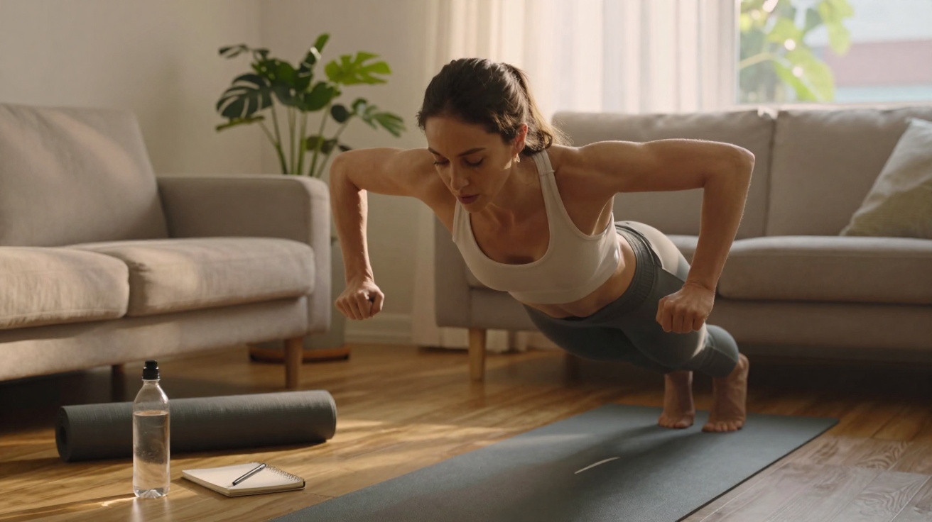 Woman in sportswear doing push-ups on a yoga mat in a living room with a water bottle and notebook nearby.