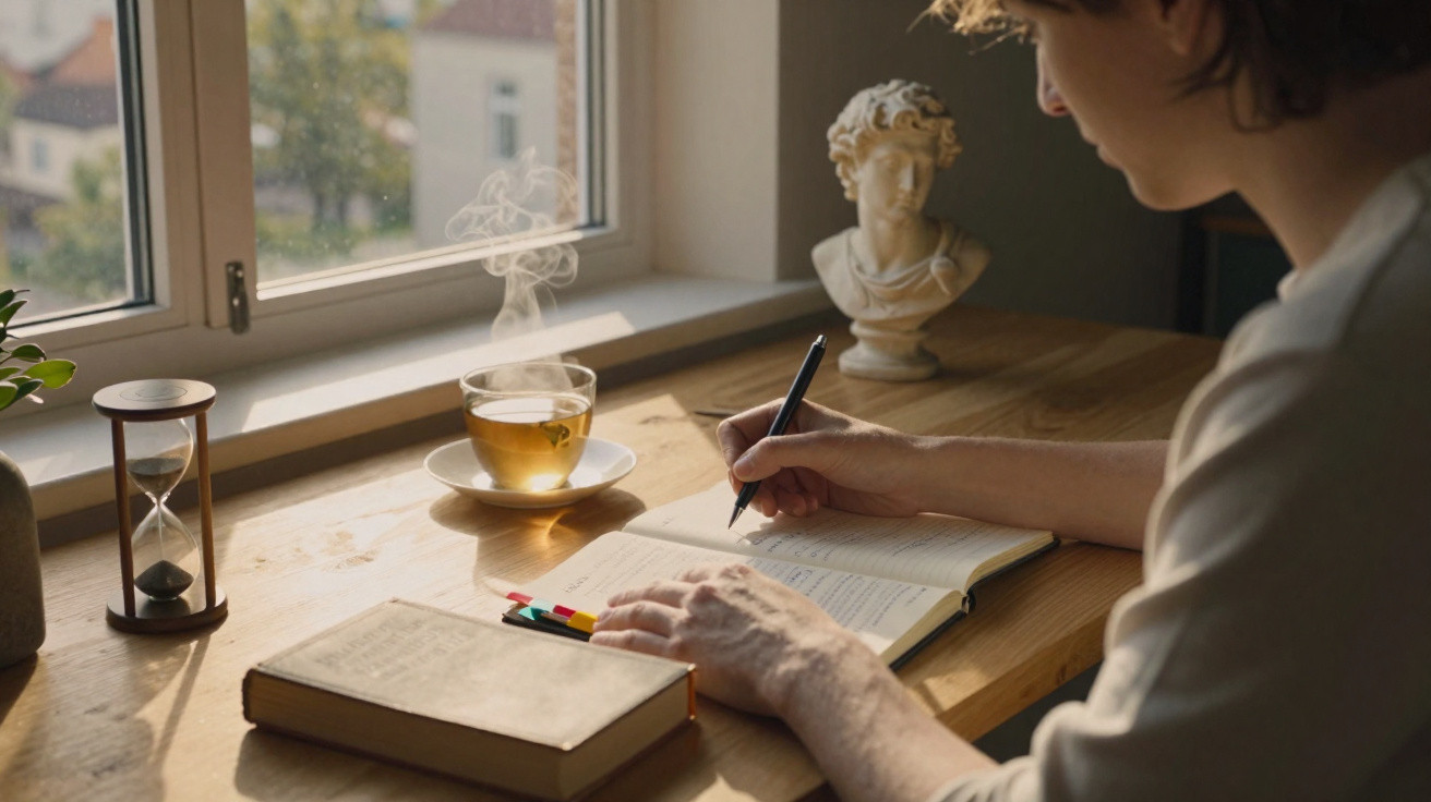 Person writing in a notebook by a window with a steaming cup of tea, hourglass, book, and marble bust on desk.