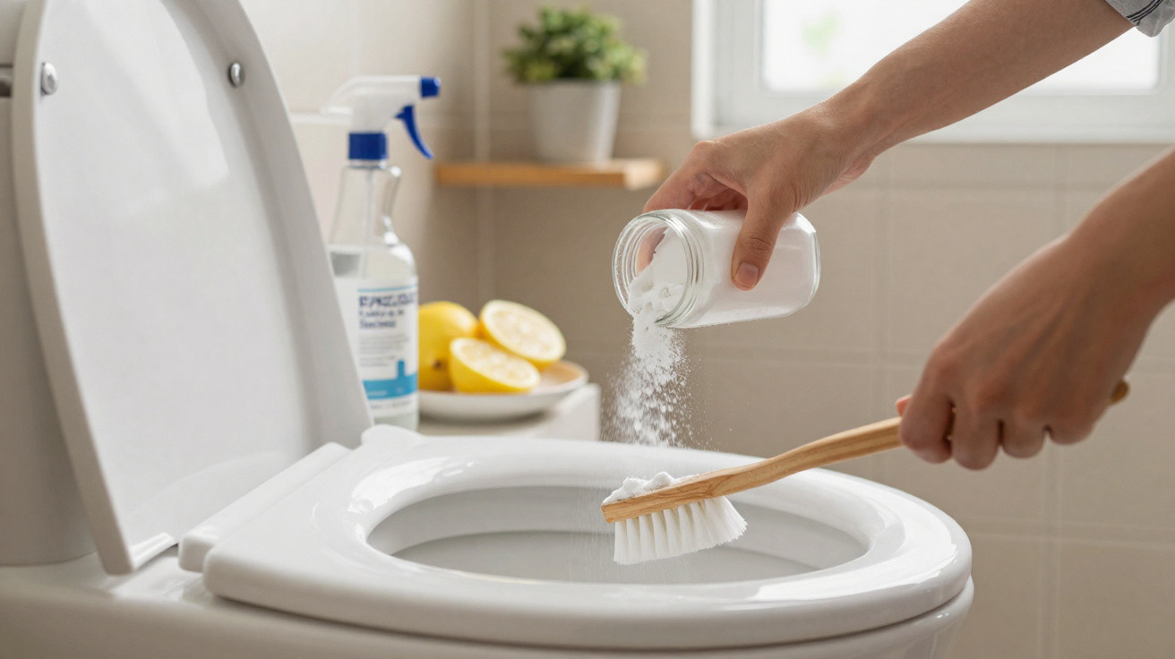 Person sprinkling powder cleaner onto a toilet bowl brush while cleaning a white toilet in a bathroom.
