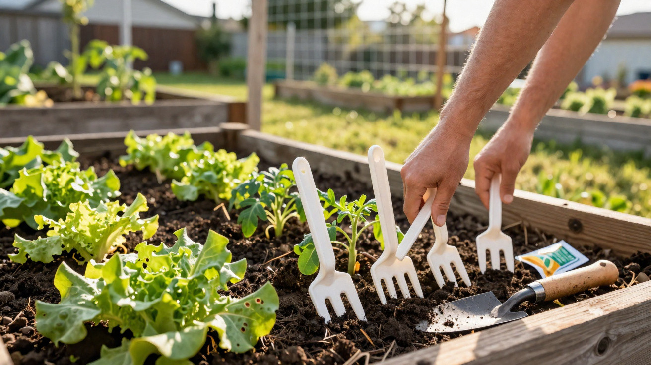 Hands placing small plastic forks in soil beside lettuce plants in a raised garden bed with a trowel nearby.