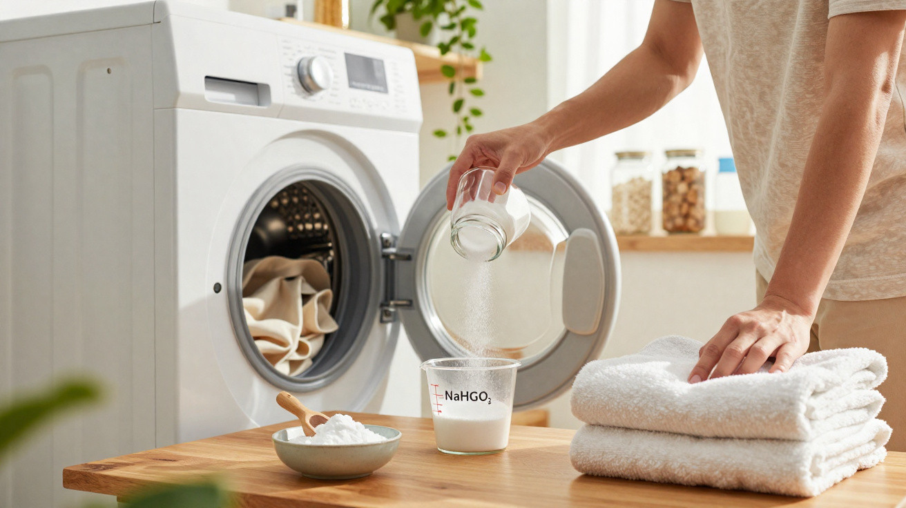Person pouring washing soda powder into a measuring cup beside a washing machine and folded towels.
