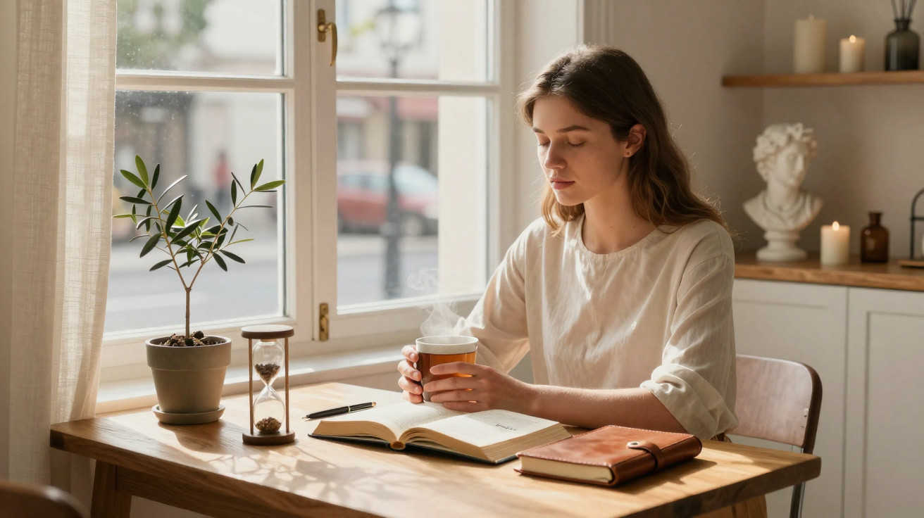 Young woman holding a steaming cup while reading a book at a wooden table by a sunny window