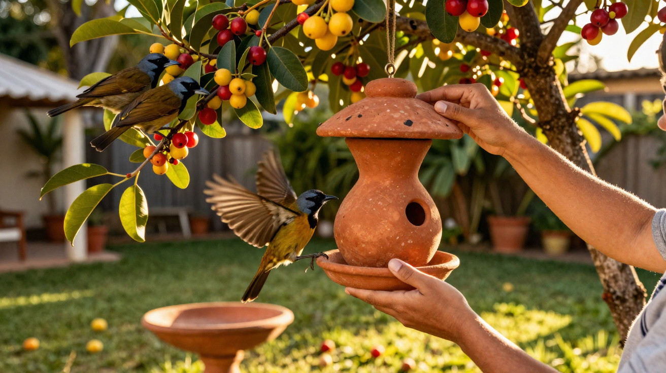 Person holding a terracotta bird feeder near a fruit tree with birds perched and flying around it.