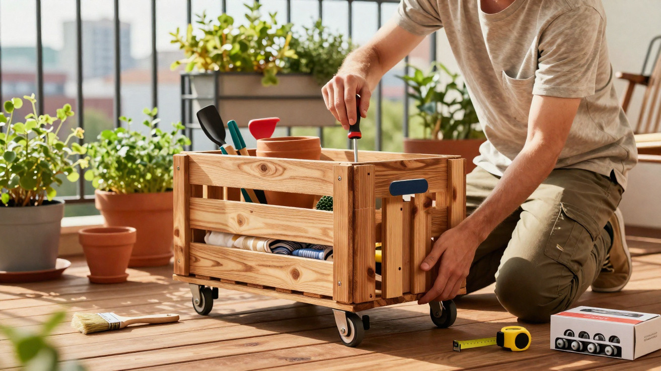 Person assembling a wooden crate with gardening tools on a sunlit balcony with plants.
