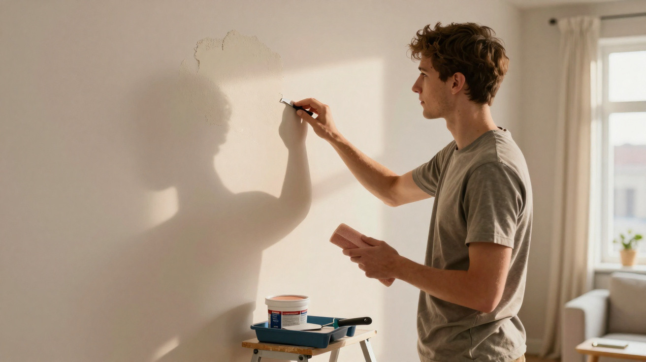 Young man repairing wall with putty knife and sandpaper in a sunlit living room.