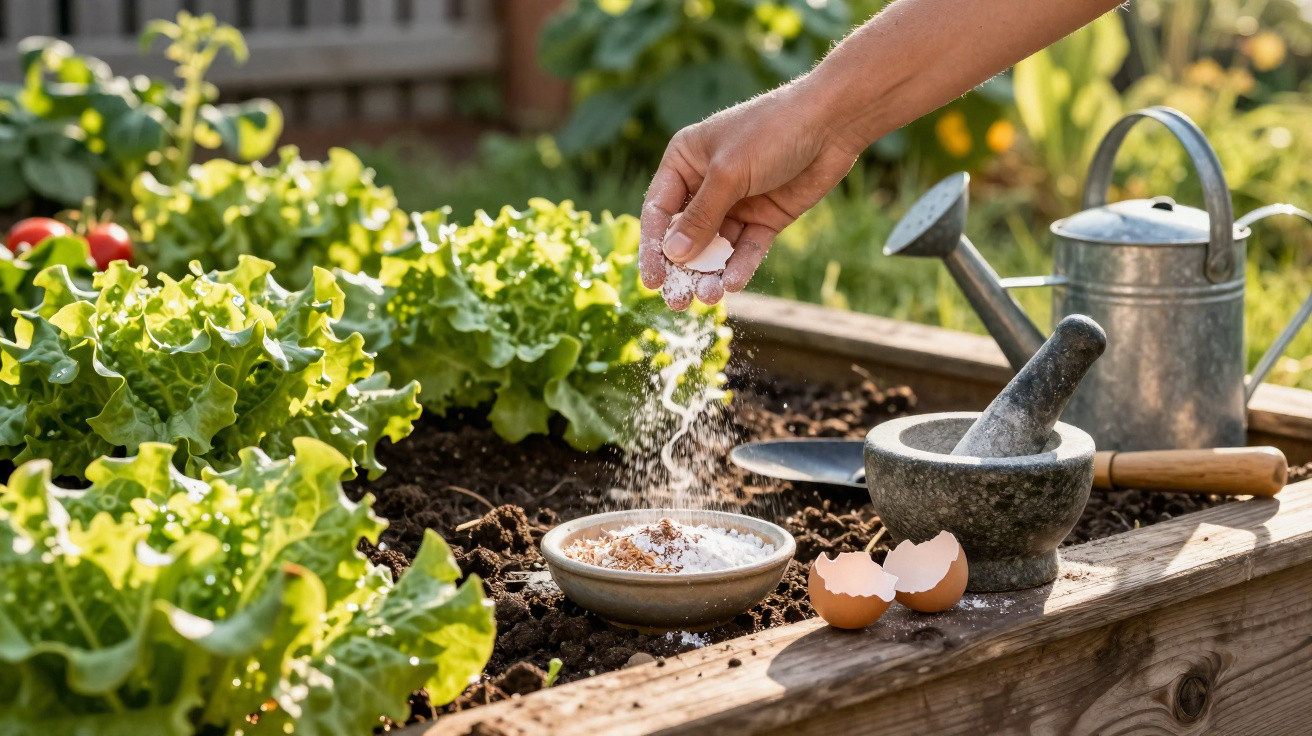 Hand sprinkling crushed eggshells into a bowl in a garden with lettuce and gardening tools.
