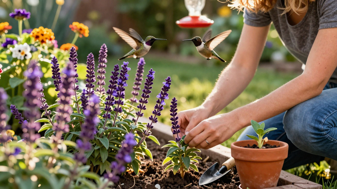 Two hummingbirds hover near lavender flowers as a person tends a garden bed with a small plant and garden trowel.