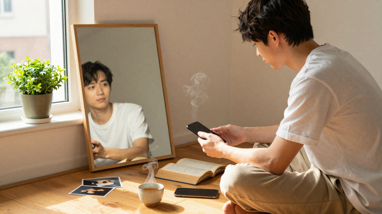 Young man sitting on wooden floor using phone next to a steaming cup, mirror, plant, book, and photos by window.