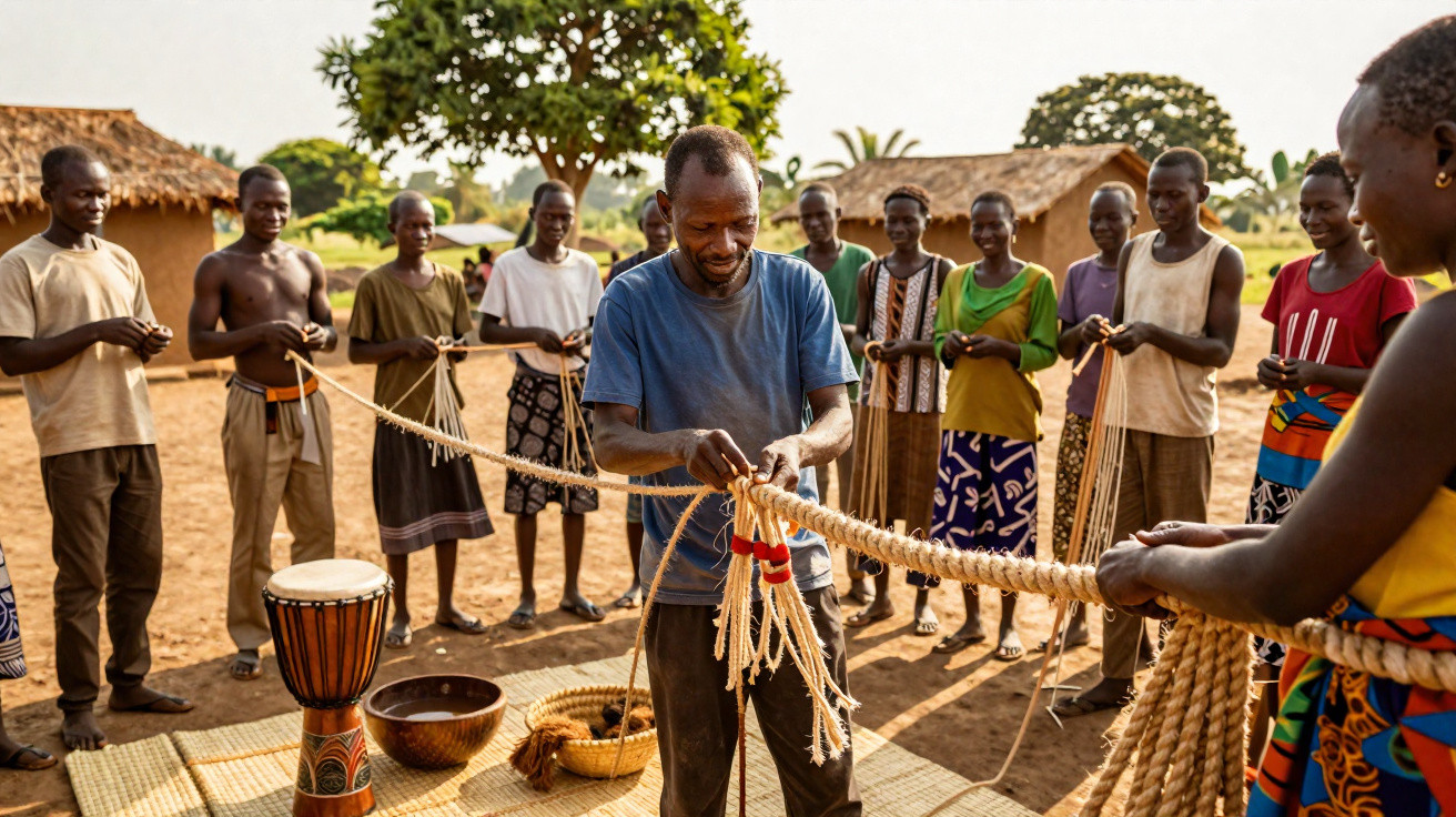 A group of people weaving a large rope outdoors in a village setting with thatched huts.