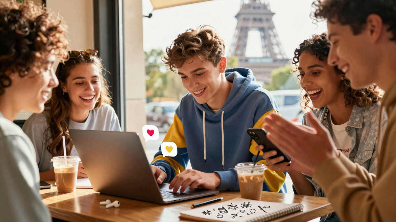Group of young people laughing and working on a laptop with the Eiffel Tower in the background at a café.