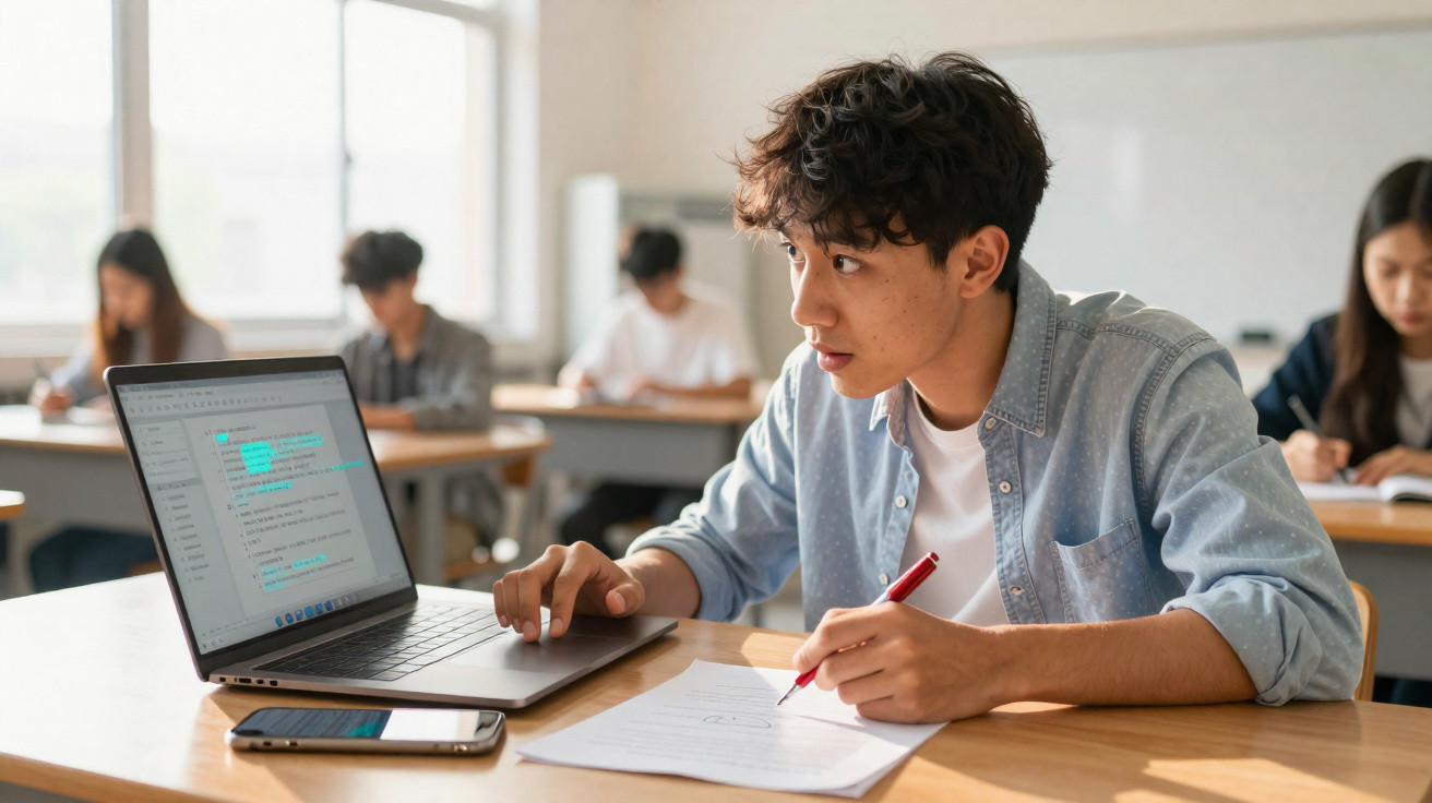 Student studying with laptop, taking notes with red pen, in a classroom with other students in the background.