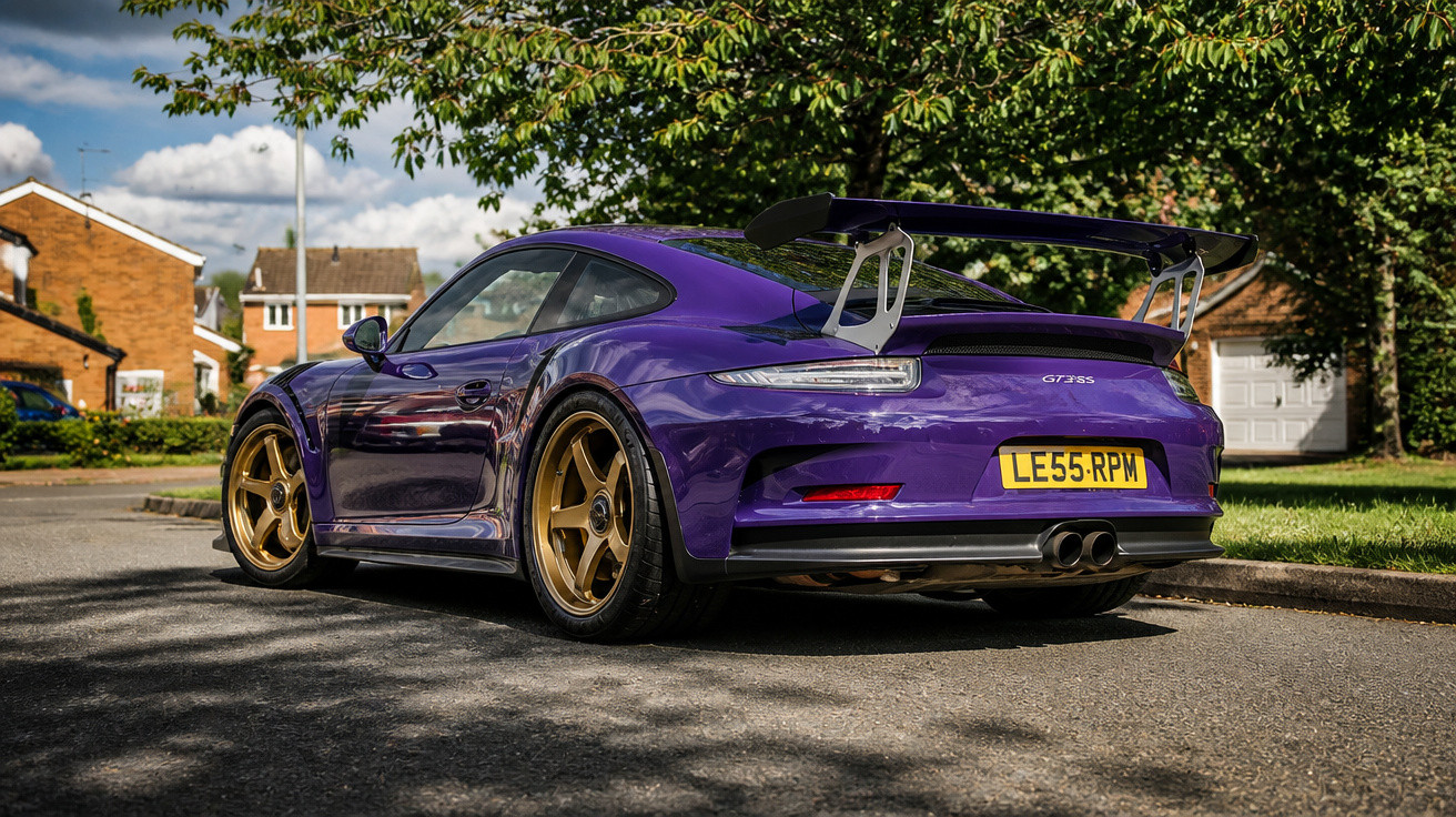 Purple Porsche 911 GT3 RS with gold wheels parked on a suburban street in daylight.