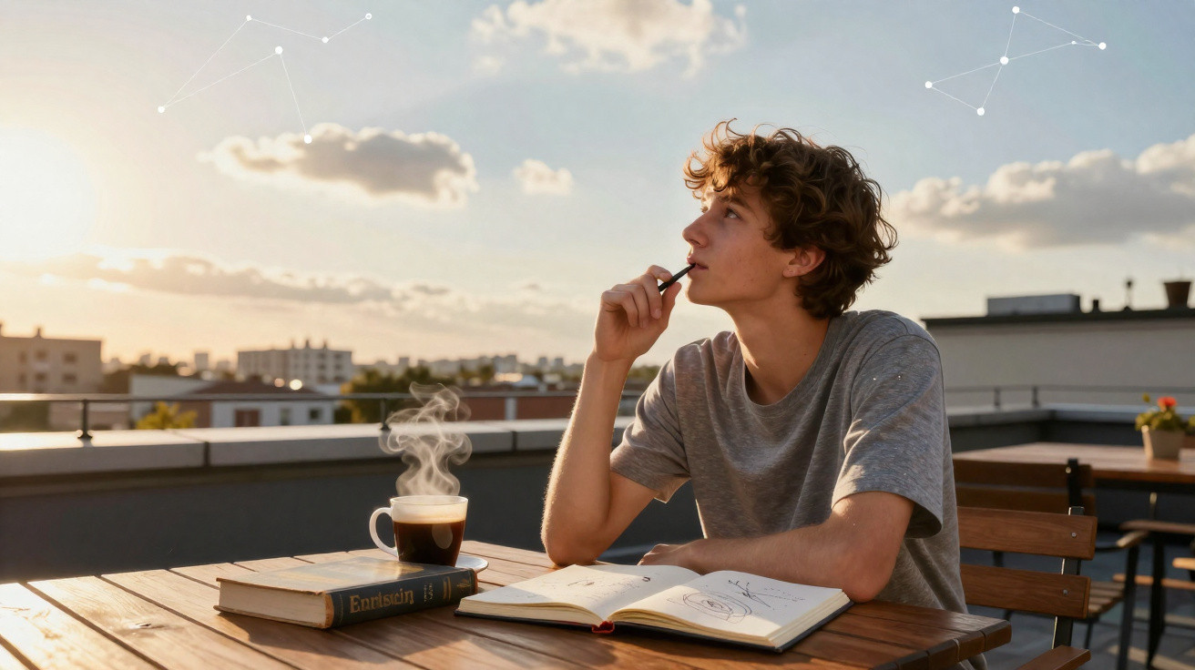 Young man sitting at a rooftop table with a notebook, a book, and a steaming cup of coffee during sunset.