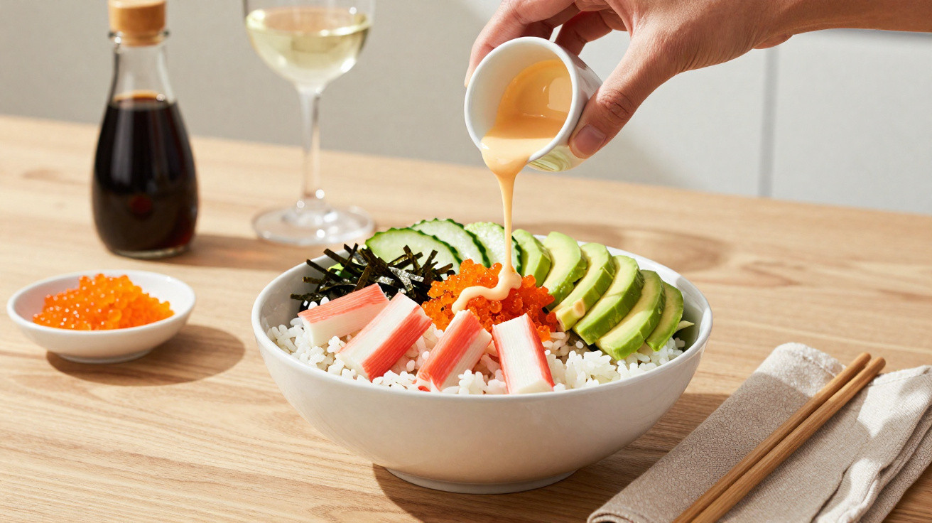 Hand pouring sauce over sushi bowl with crab sticks, avocado, cucumber, seaweed, and fish roe on wooden table.