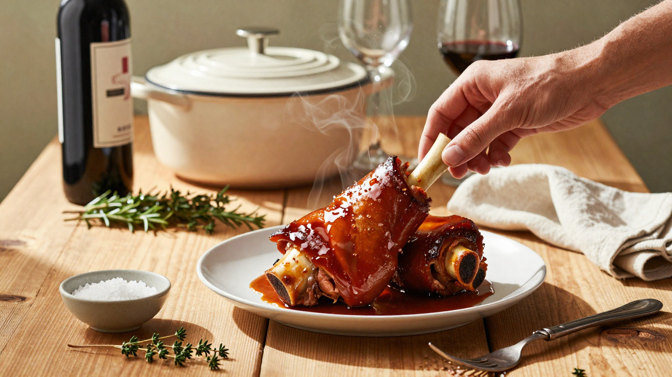 Hand picking up a glazed pork shank from a plate with herbs, salt, a pot, wine bottle, and glasses on a wooden table.