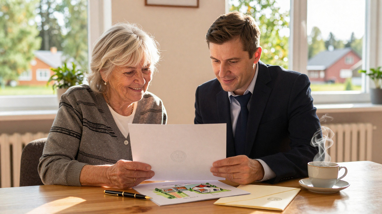 Older woman and younger man in suit discussing documents at a table with coffee in a bright room