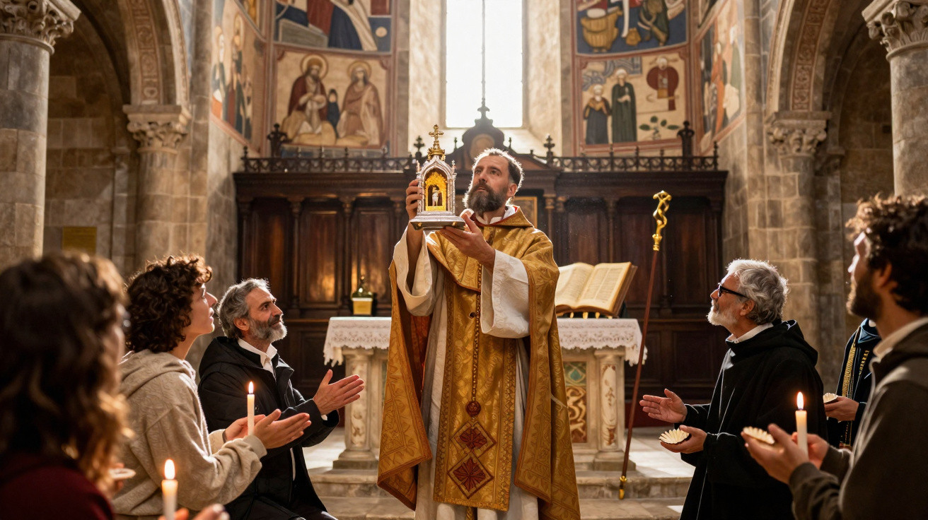 Priest in golden robes holds a religious relic as congregation with candles worship in a historic stone church.