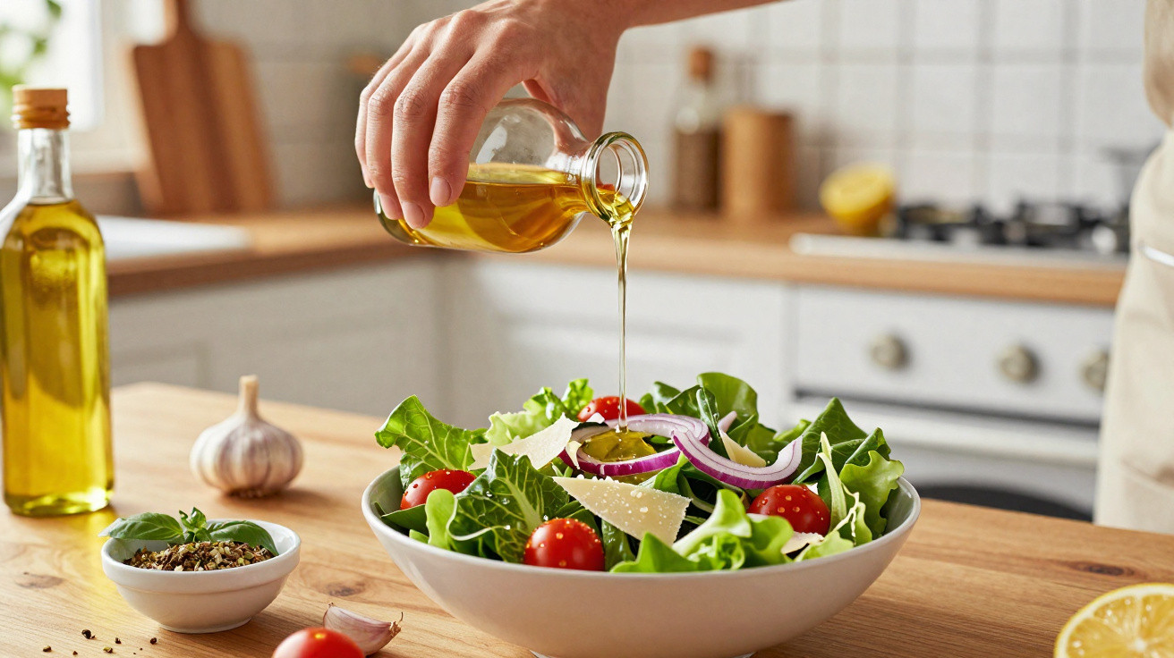 Hand pouring olive oil over fresh salad with cherry tomatoes, lettuce, purple onions, and cheese in kitchen.