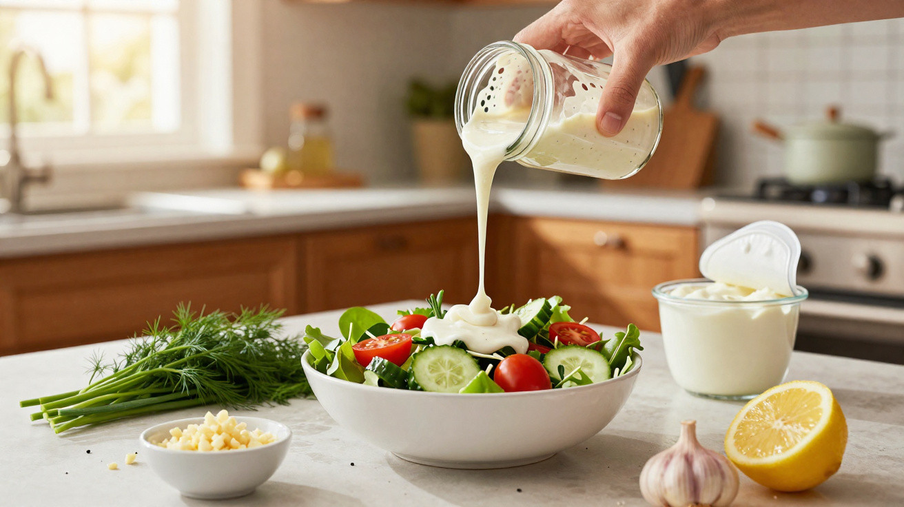 Hand pouring creamy dressing over a fresh salad with tomatoes, cucumber, and herbs in a kitchen.