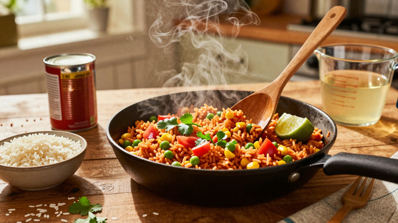 Steaming pan of vegetable rice with peas, corn, tomato, lime wedge and coriander on a wooden table.