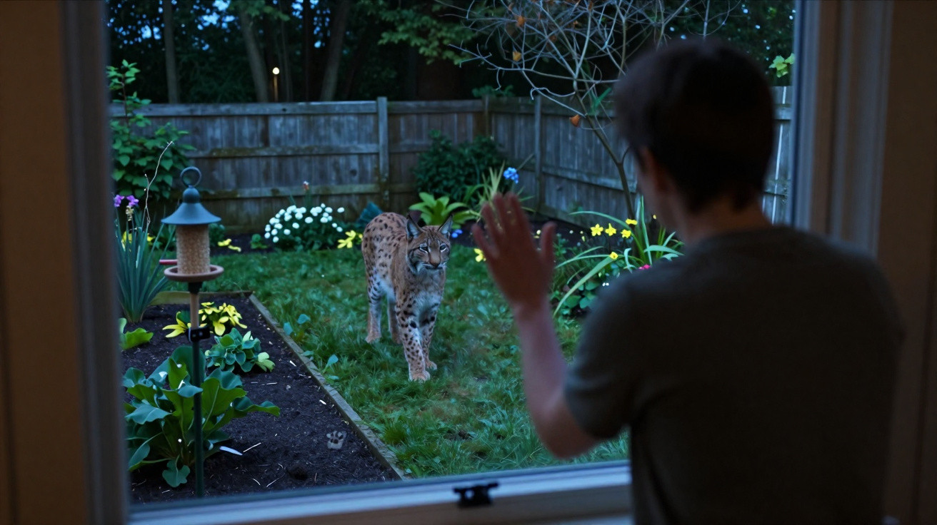 Child inside a house watching a wild bobcat walking in a garden at dusk through a window.