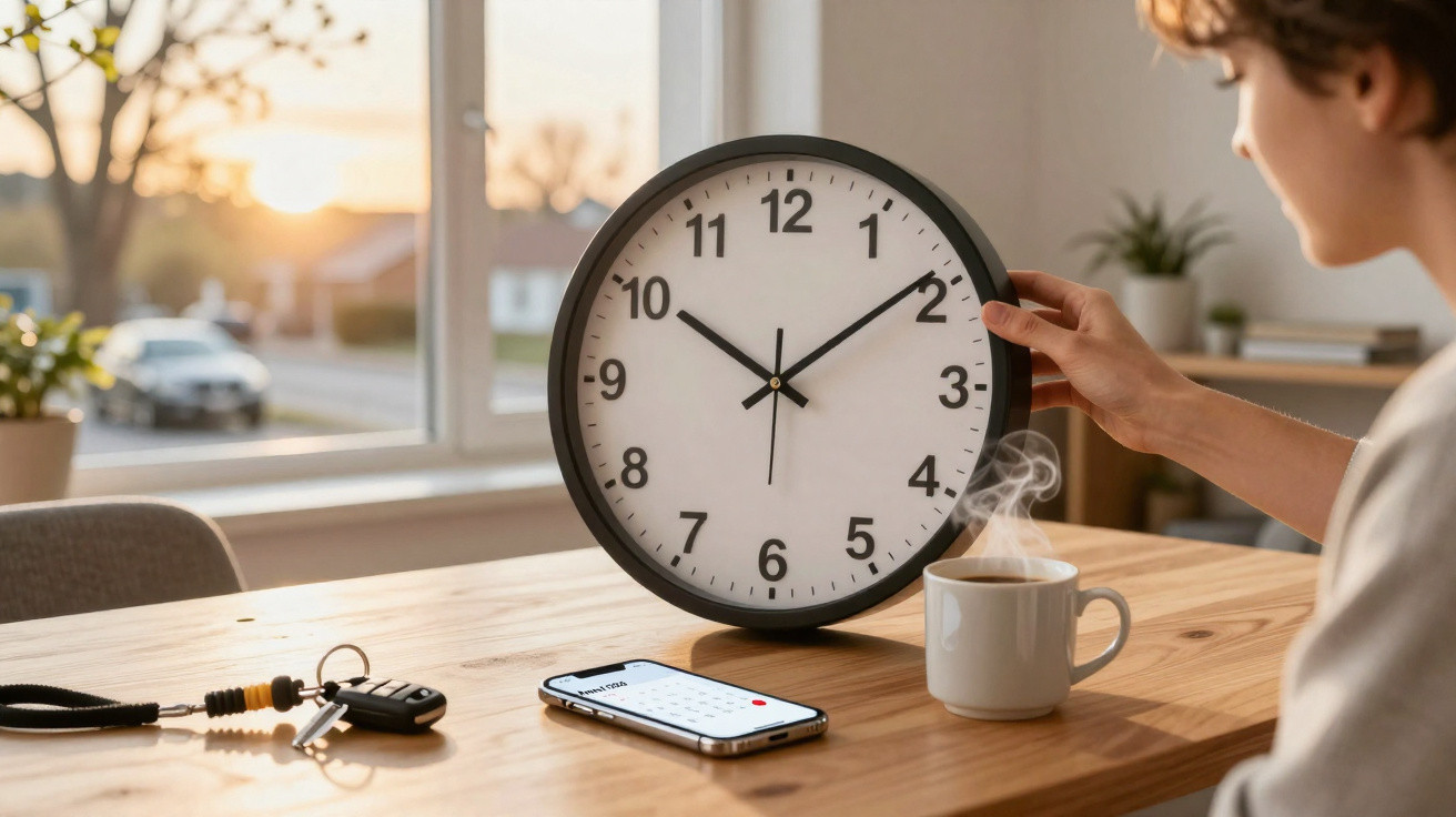 Person holding a clock showing 10:10 by a table with car keys, smartphone, and steaming cup of coffee near a window at sunris
