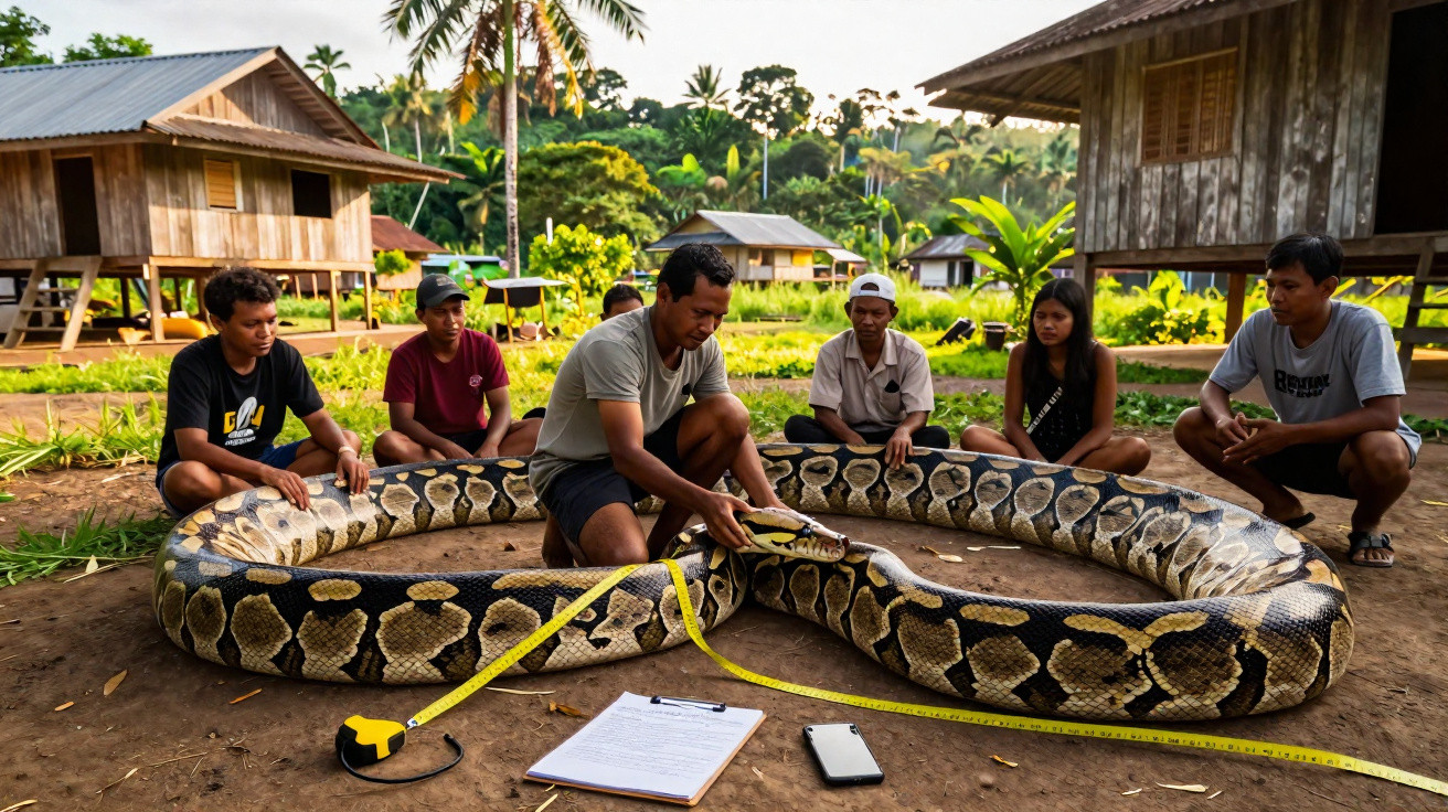 A group of people outdoors measuring a giant python with tape measures and recording data on a clipboard.