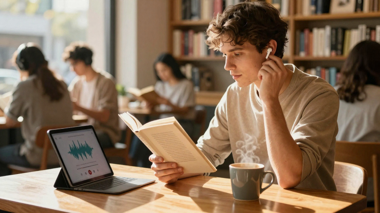 Young man with earbuds reads a book at a wooden table with a tablet and steaming mug in a café.