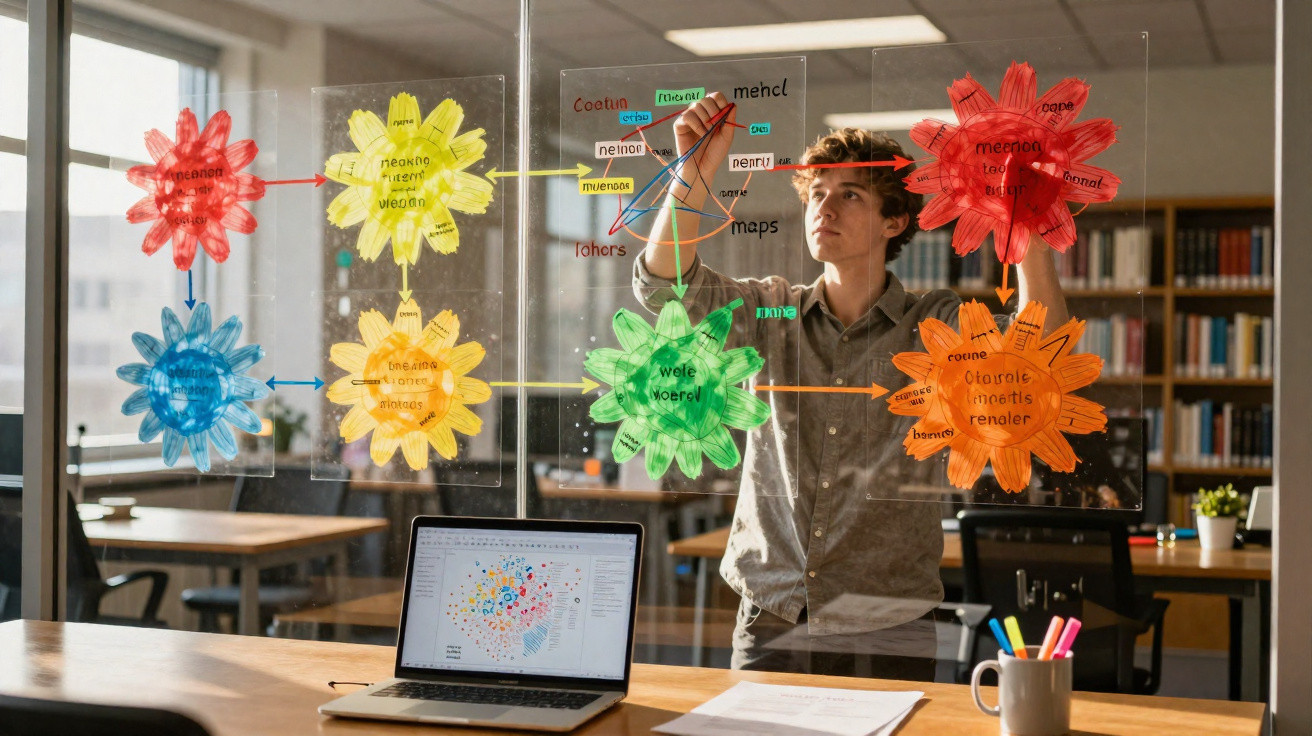 Person writing colourful mind maps on a transparent board in a bright office with a laptop on the desk.