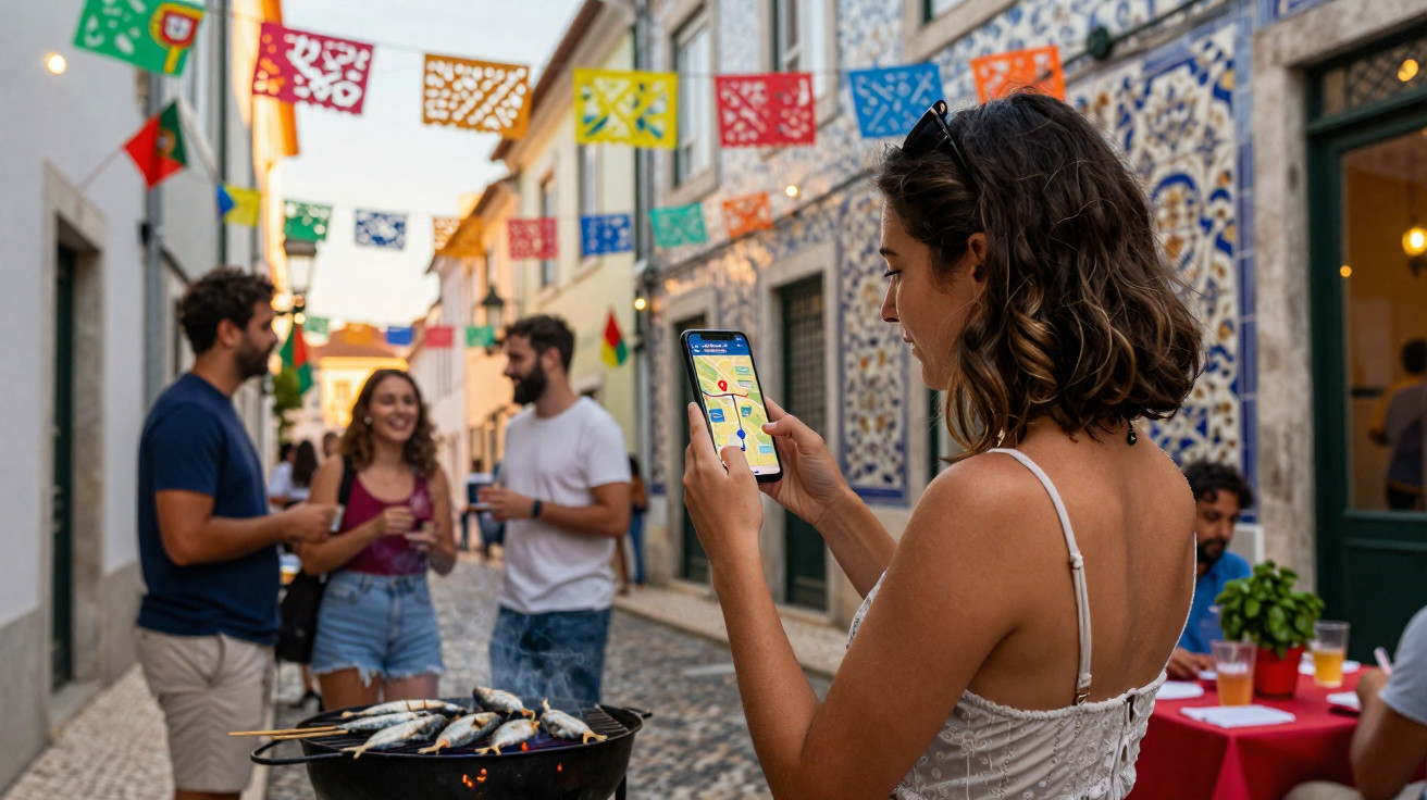 Woman using smartphone navigation app at a festive street party with grilled fish and friends chatting nearby.