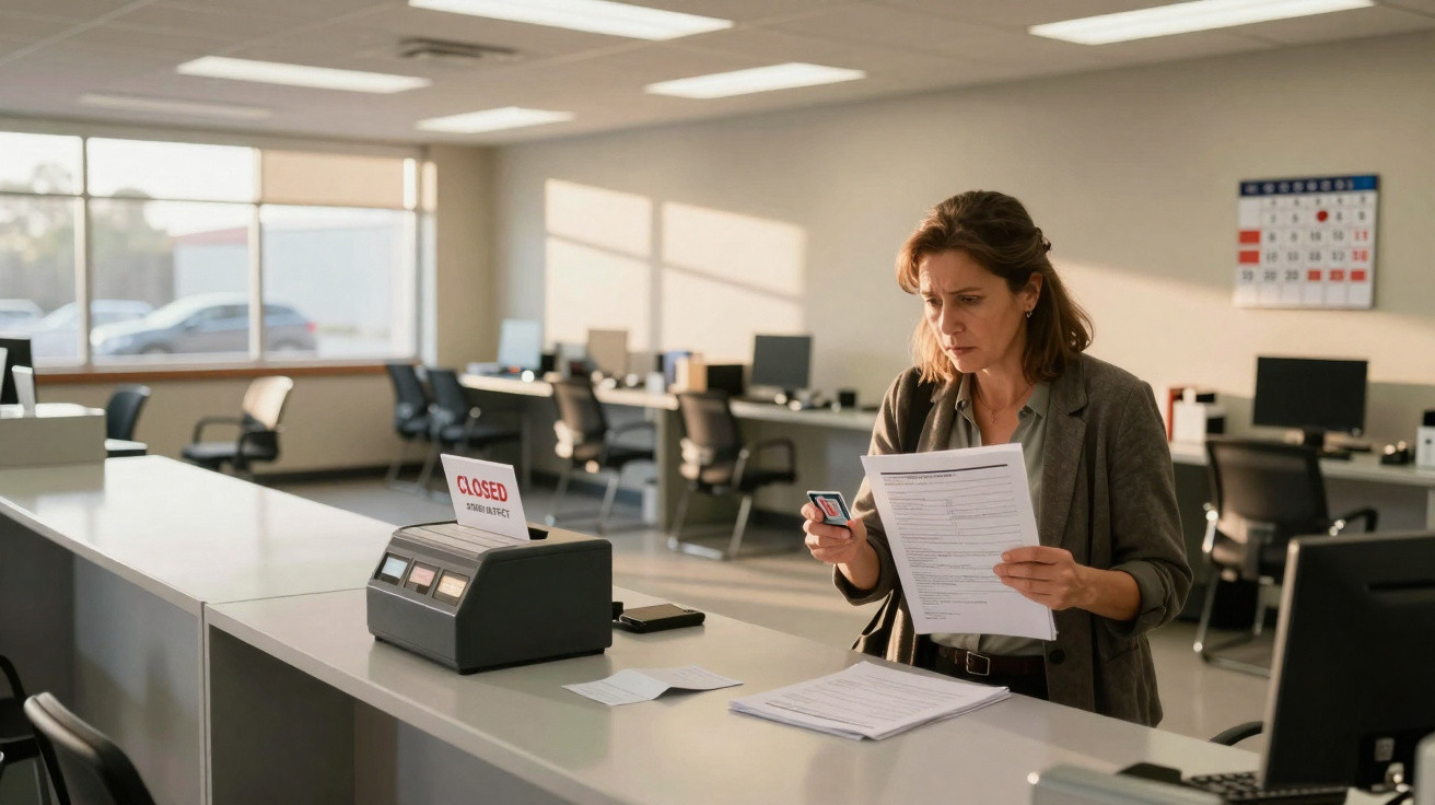 Woman holding documents and stamp at a closed office counter in a modern, empty workspace.