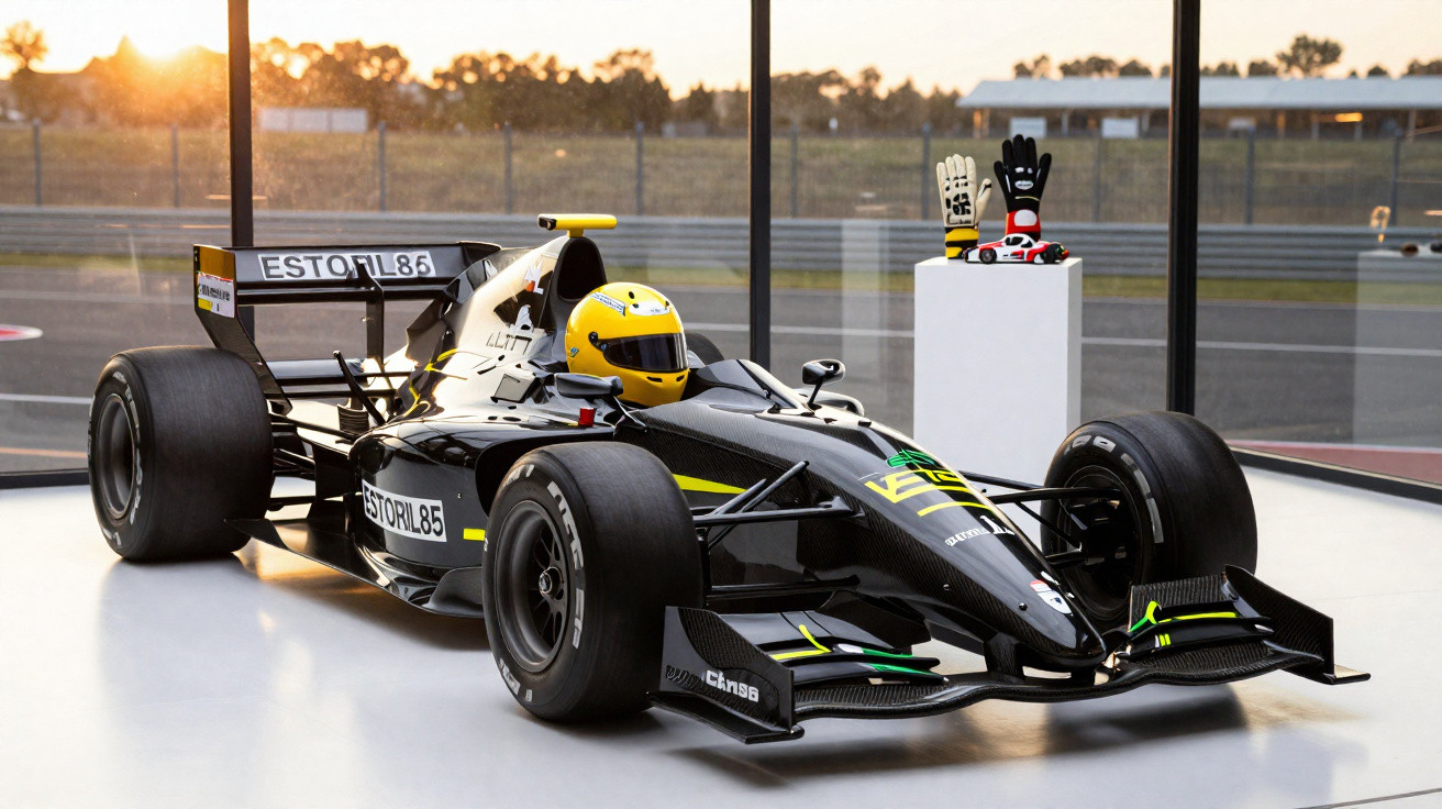 Black and yellow single-seater race car with helmet inside, displayed indoors near windows during sunset.