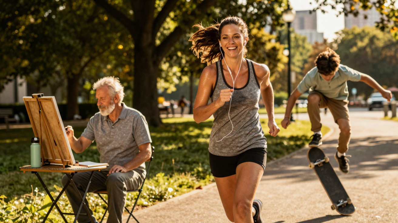 Woman jogging with earphones, older man painting on an easel, and boy skateboarding in a sunny park.