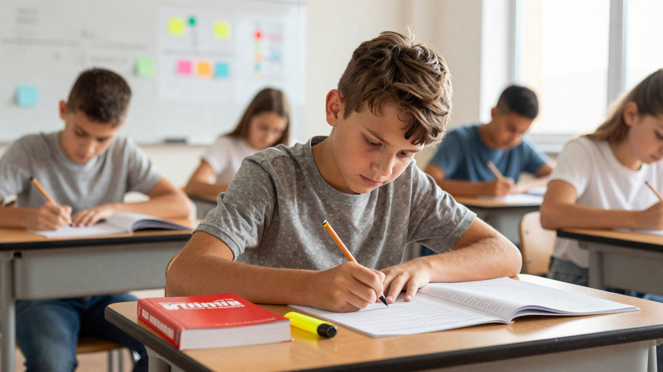 Schoolchildren sitting at desks focused on writing in notebooks during a classroom lesson.