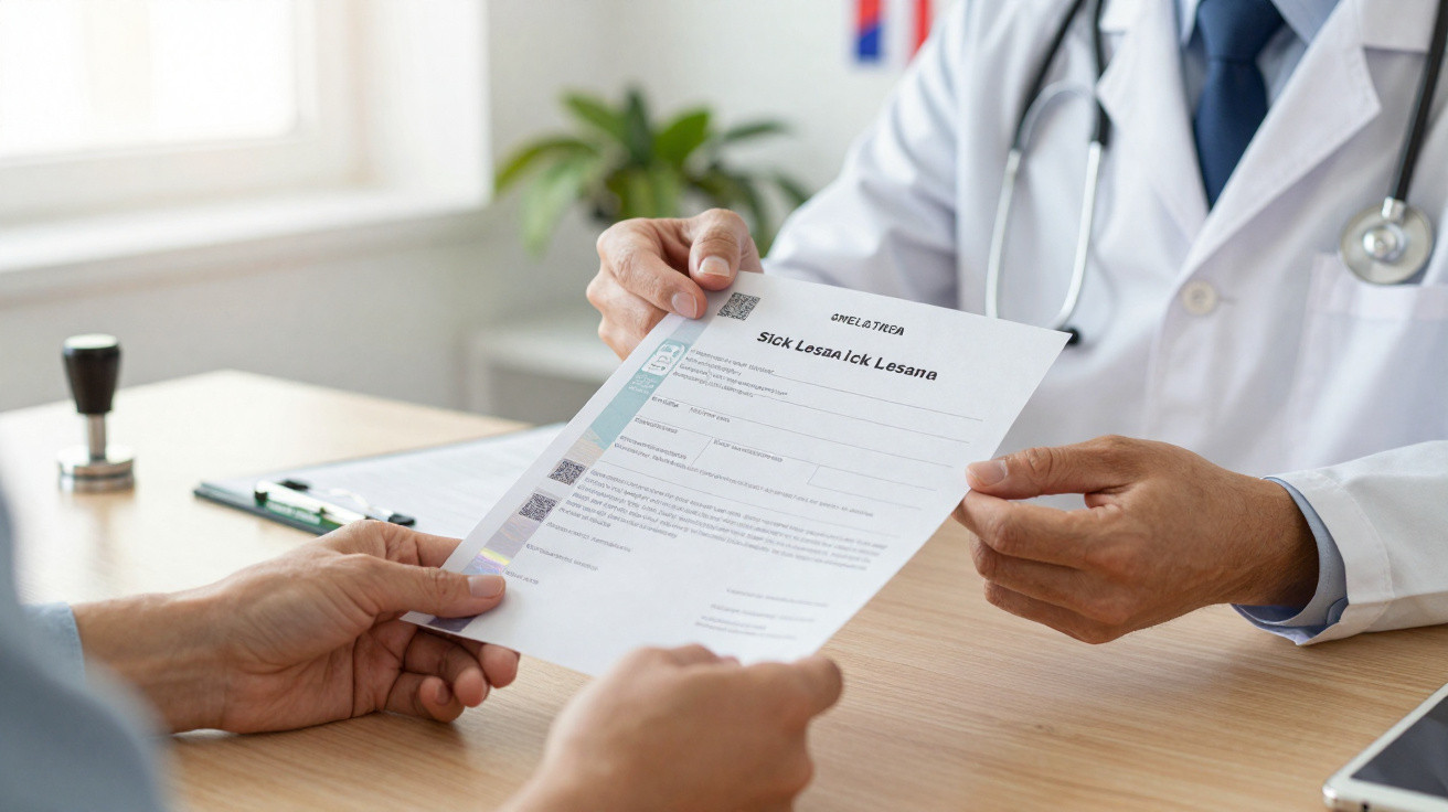Doctor handing a patient a printed sick leave certificate in a medical office.