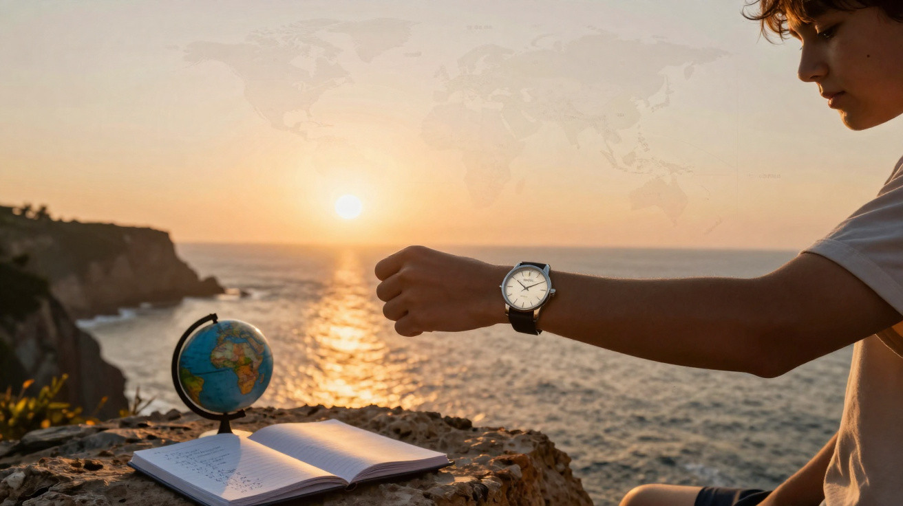 Person checking wristwatch by a rock with a globe and open notebook at sunset over the sea.