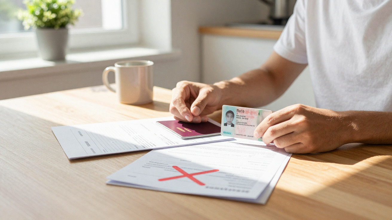 Person holding ID card over documents with a red cross mark on a wooden table in natural light.