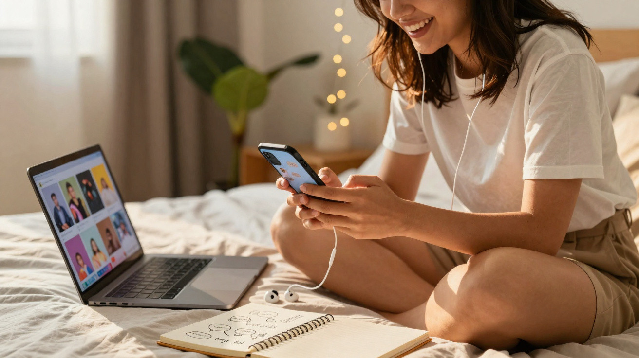 Young woman sitting cross-legged on bed, smiling at phone with laptop and notebook nearby.