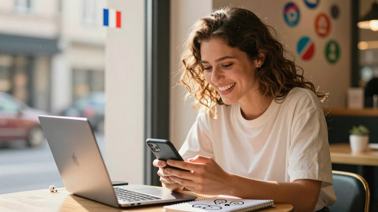 Young woman smiling while using smartphone and laptop at a café near a window with a French flag sticker.