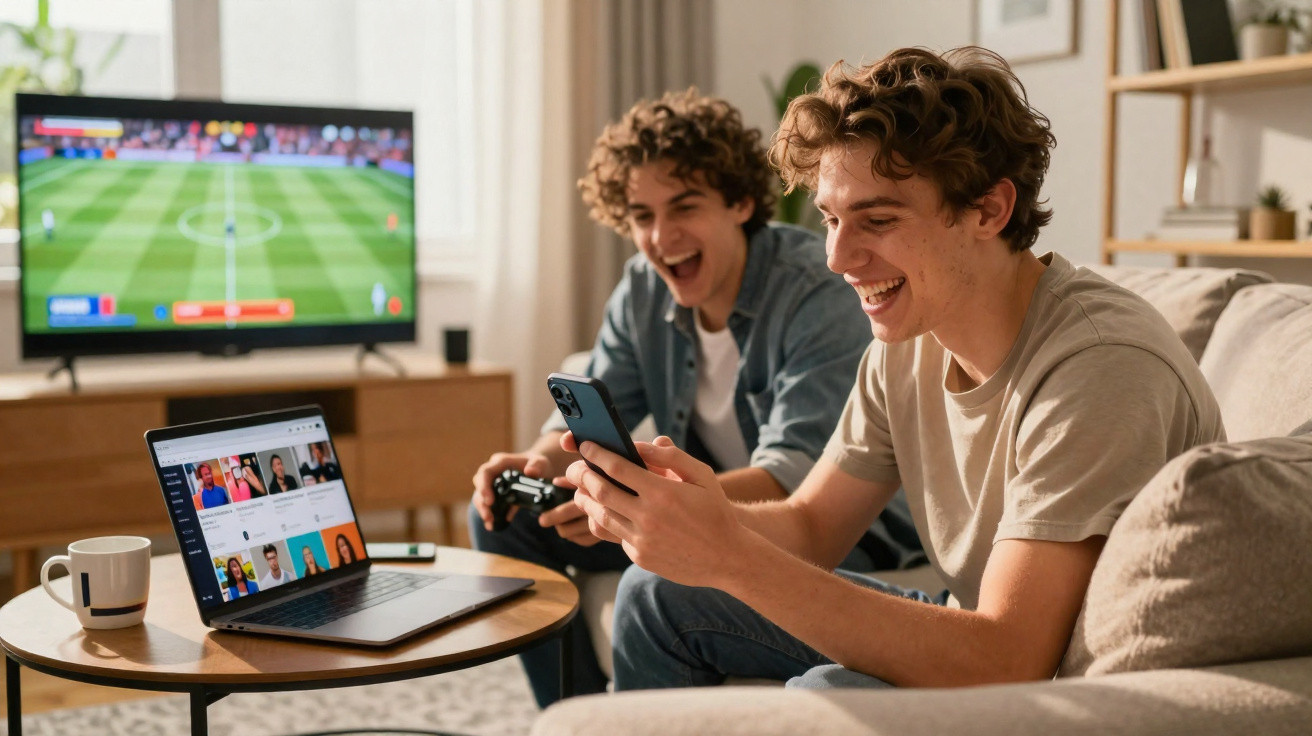 Two young men laughing and using a smartphone and game controller in a living room with a laptop and TV.