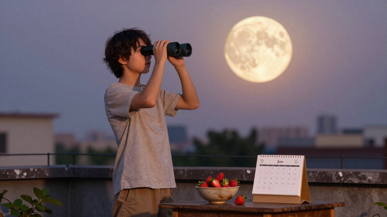 Boy looking through binoculars at a full moon standing on a rooftop next to a bowl of strawberries and a calendar.