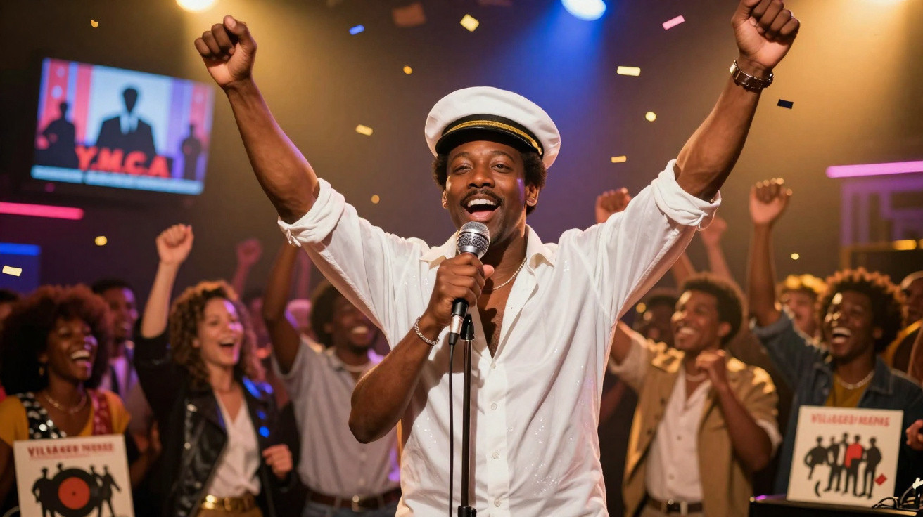 Man in sailor hat singing into microphone with crowd cheering and confetti falling in a lively club.