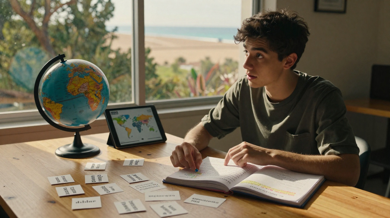 Teenage boy studying geography with a globe, flashcards, and tablet at a wooden table by a window.